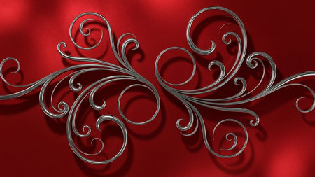 Two elegant silver metallic flourishes with swirling curls are positioned on a textured, deep red background, casting subtle shadows.の素材