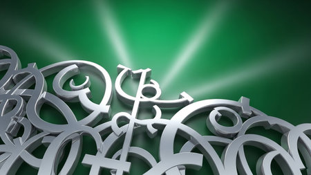 A silver decorative border composed of various currency symbols, including the dollar sign, against a vibrant green background with light rays.の素材