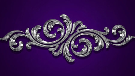 A detailed silver filigree flourish ornament with intricate swirls and leaf shapes is centered on a rich, vibrant purple background, exuding elegance.の素材