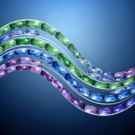 Three wavy strands composed of colorful, faceted gemstones in purple, blue, and green, flowing across a dark blue gradient background.の素材