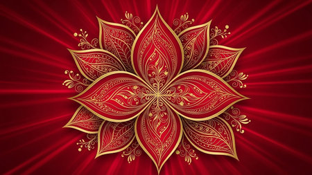 A vibrant red lotus flower with intricate gold detailing and patterns, set against a background of radiating red rays.の素材