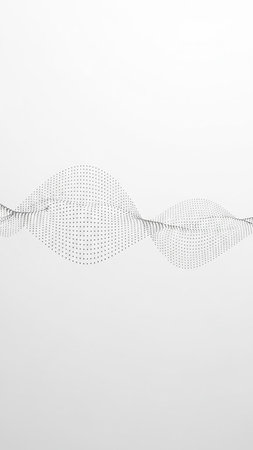 A minimalist abstract digital waveform created from small grey dots flows across a clean white background, suggesting data or sound.の素材