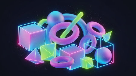 A collection of colorful neon-outlined geometric shapes including cubes, spheres, rings, and pyramids are arranged in a dark 3D space with sparkling particles.の素材