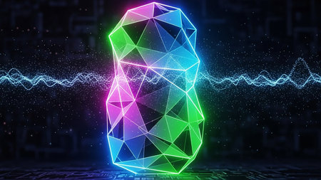 A multi-faceted geometric crystal radiates vibrant neon light in pink, blue, and green hues against a dark, speckled background.の素材