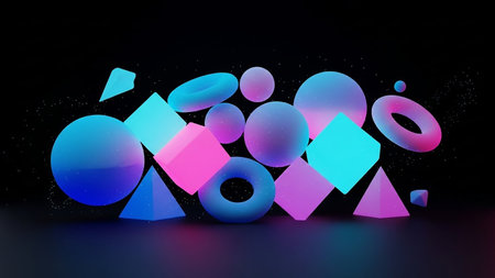 A collection of 3D geometric shapes including spheres, cubes, toruses, and pyramids, illuminated with neon pink and blue light, floating against a dark background.の素材