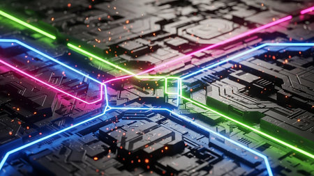 A close-up view of a dark, intricate circuit board with glowing neon blue, pink, and green lines representing data streams and connections.の素材