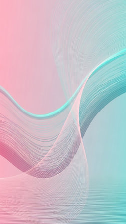 Delicate, translucent wavy lines in pink and teal blend across a soft gradient background, with a subtle water-like reflection at the bottom.の素材