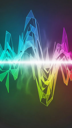 A vibrant, geometric sound wave visualization with a neon glow, displaying a full spectrum of colors against a dark, smoky background.の素材