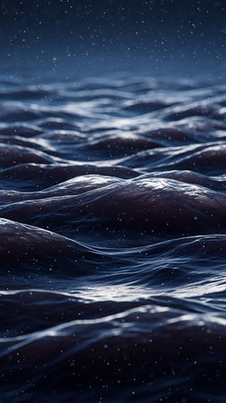 Dark blue ocean waves with small white particles resembling snowflakes falling from above, creating a serene and atmospheric scene.の素材