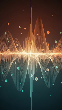 An abstract digital visualization of a sound waveform with intricate orange and teal lines, spikes, and floating bubbles against a dark background.の素材