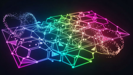 A colorful 3D abstract network grid composed of interconnected hexagons and glowing particles, showcasing a futuristic digital structure.の素材