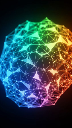An abstract, spherical network of interconnected nodes and triangles, illuminated with a vibrant rainbow gradient against a dark background.の素材