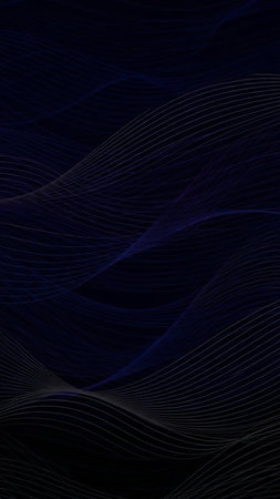 A dark abstract background featuring subtle, flowing wavy lines in faint blue and grey tones, creating a minimalist and atmospheric texture.の素材
