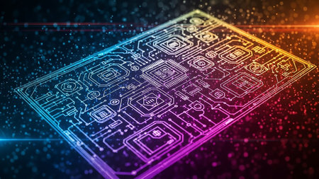 A detailed outline of a circuit board illuminated with a rainbow of colors, set against a dark background with speckled lights.の素材