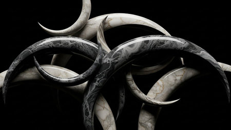 Abstract arrangement of curved, horn-like shapes with a marble texture in black, white, and grey tones against a dark background.の素材