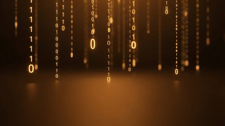 Golden binary code numbers 0 and 1 fall like digital rain against a dark, glowing gradient background, creating a futuristic feel.の素材