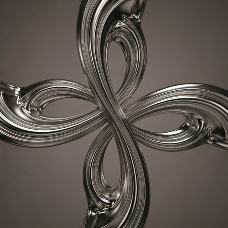 A highly polished, abstract metallic sculpture with smooth, flowing, and swirling lines forms an intricate, symmetrical shape.の素材