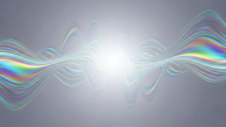 Abstract flowing waves of rainbow light intertwine and shimmer on a soft, luminous gradient background, creating a dynamic and ethereal visual effect.の素材