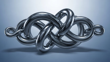 An intricate knot made of smooth, reflective silver metallic material with flowing curves, set against a subtle blue background.の素材