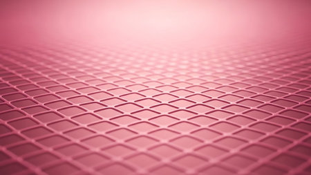 A close-up view of a pink grid texture with a shallow depth of field, showing the repeating geometric pattern fading into a soft, illuminated background.の素材