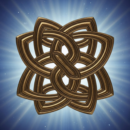 A detailed golden Celtic knot design with a textured metallic finish, set against a bright blue background with radiating light rays.の素材