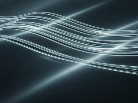 Smooth, glowing white lines form wavy patterns across a dark, subtly textured background, suggesting motion and energy.の素材
