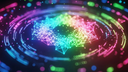 A vibrant, colorful geometric starburst network with concentric glowing rings and scattered bokeh lights against a dark, abstract background.の素材