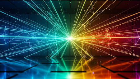 An abstract visualization of a network of colorful light beams radiating from a bright central point, creating a sense of energy and connection.の素材