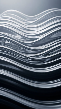 A close-up view of metallic silver waves with a highly reflective surface, showing subtle lighting and shadow creating a sense of depth and fluid motion.の素材