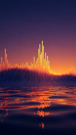 An abstract digital visualization of a sound wave or equalizer against a sunset sky with a reflective water surface below.の素材