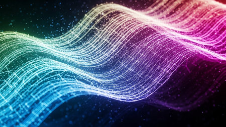 A 3D abstract wave structure made of a white grid with glowing particles, transitioning from blue to pink and purple against a dark speckled background.の素材