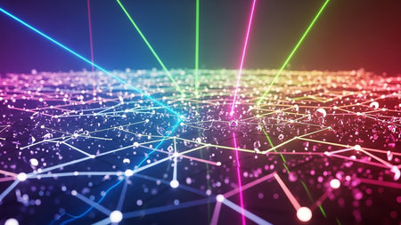 Colorful laser beams in green, pink, and blue intersect a glowing digital network grid filled with particles and small bubbles.の素材