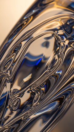 A close-up abstract view of clear glass with intricate swirling patterns and internal reflections in shades of blue and gold.の素材