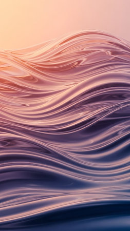 Ethereal flowing waves with a metallic sheen, blending soft rose gold tones with deep purple, creating a luxurious and fluid texture.の素材