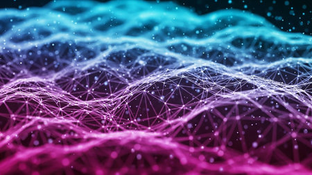 A 3D abstract visualization of a digital network with glowing nodes and connecting lines, transitioning from blue to pink hues against a dark background.の素材