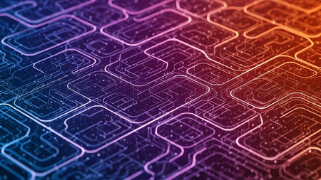 An abstract, futuristic circuit board pattern features glowing neon lines in purple and orange, with tiny dots and particles suggesting data flow.の素材