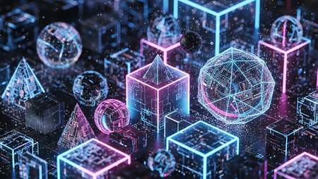 A dark, futuristic digital landscape filled with glowing neon geometric shapes including cubes, spheres, and pyramids, interconnected by lines.の素材