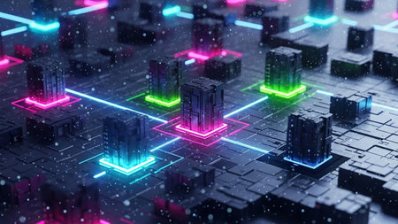 A futuristic network of dark, textured cubes interconnected by glowing neon lines in blue, pink, and green, with falling snow particles.の素材