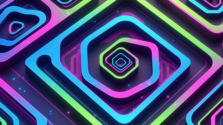 A geometric abstract pattern of nested rounded squares in vibrant neon pink, blue, and green, creating a futuristic and dimensional visual effect.の素材