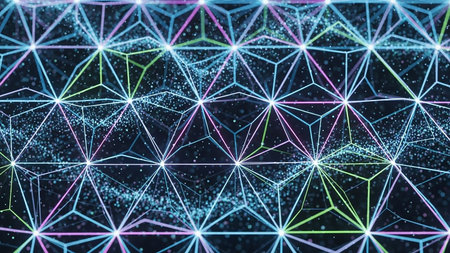 A close-up view of a complex geometric network with glowing particles and vibrant neon lines in blue, pink, and green against a dark background.の素材