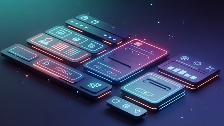 A collection of futuristic UI elements and icons with a vibrant neon glow, arranged in an isometric perspective on a dark, subtly lit background.の素材