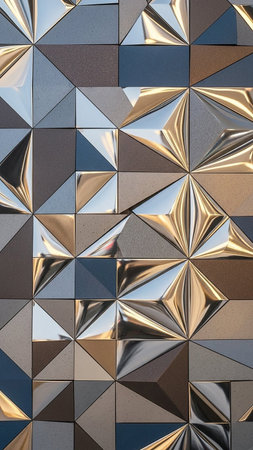 A textured wall composed of geometric tiles featuring a mix of reflective metallic surfaces and matte stone in various earth tones creates a dynamic pattern.の素材
