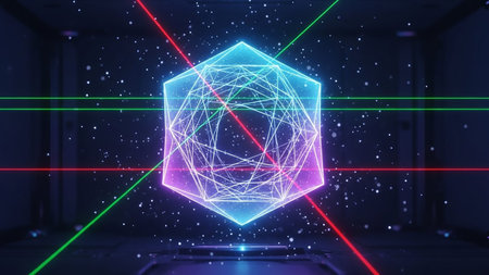 A glowing geometric icosahedron suspended in a dark room, intersected by red and green laser beams, with scattered particles and a futuristic feel.の素材