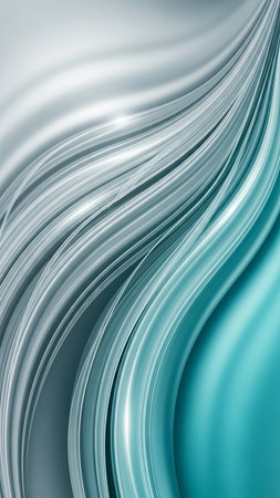 Smooth, flowing abstract waves in metallic silver and teal hues, illuminated with soft light, creating a sleek and elegant visual.の素材