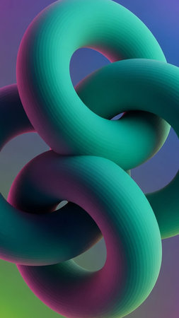 Three interlocking 3D torus rings in a teal and purple gradient create an abstract geometric composition with subtle lighting and shadows.の素材