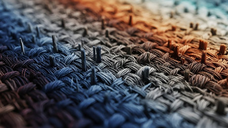 Extreme close-up macro of a woven fabric texture with standing fibers, showing intricate detail and a gradient of blue to orange colors.の素材