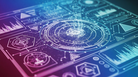 A futuristic digital interface displays a circular HUD and data graphs with a vibrant blue and pink color scheme, suggesting advanced technology.の素材