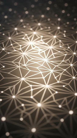 A geometric network pattern with interconnected white lines and glowing nodes on a dark background.の素材