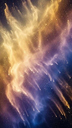 A dramatic explosion of colorful powder in yellow, purple, and blue creates a dynamic abstract cloud with falling particles.の素材