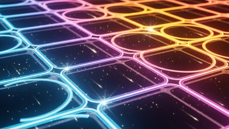 A close-up view of a futuristic grid pattern with rounded square and circular cells, illuminated by a rainbow neon glow and sprinkled with glowing particles resembling falling stars.の素材